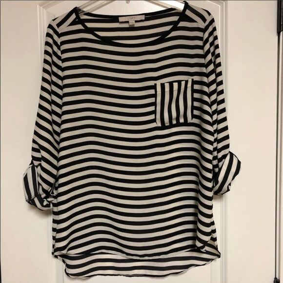 Loft black white stripe lightweight popover Blouse Tunic top M - Picture 2 of 9